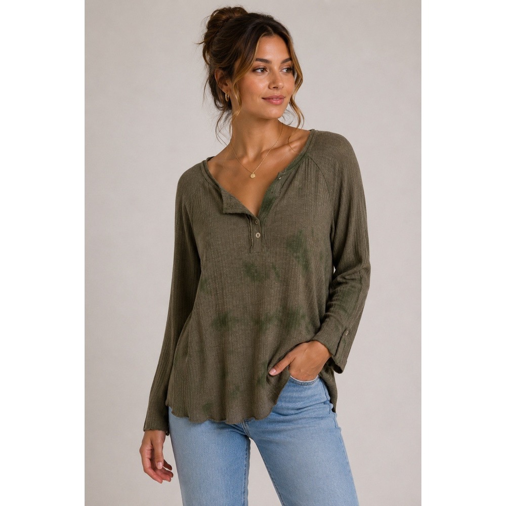 POL Womens Tie Dye Henley Top Brown Green Ribbed Long Sleeve Boho BWT686 Small